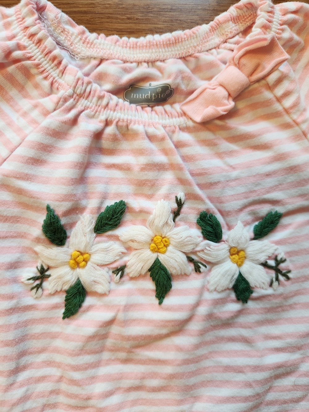 Mud Pie Baby Girl's Pink Flower Embroidered Long Sleeve Footed Pants, 6-9 Months